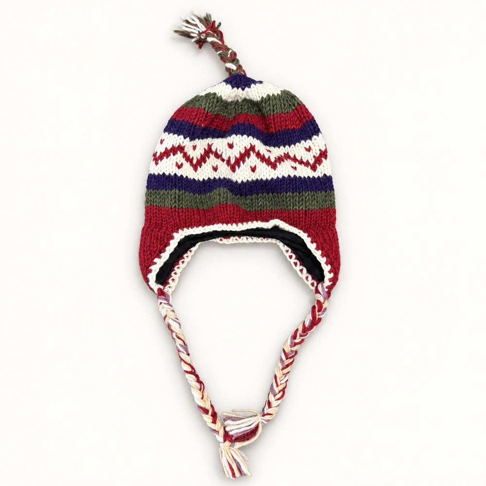 Colorful Knit Wool Chullo Peruvian Beanie Braided Ties Earflap Hat Made in Nepal